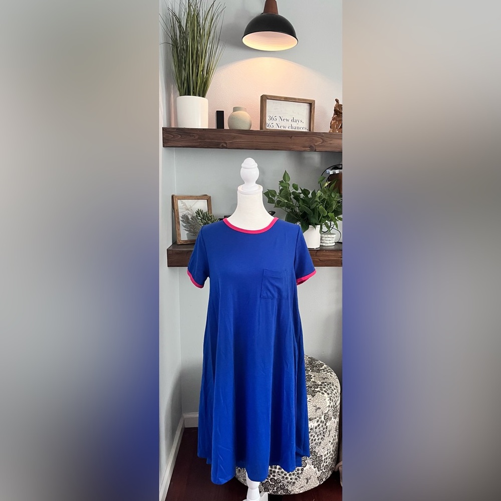 Lularoe Carley Blue Dress with Pink Trim